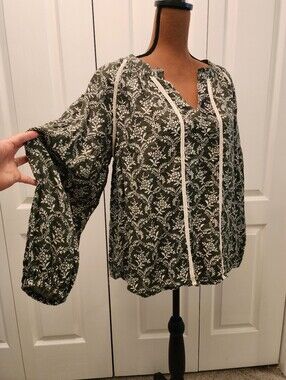 Mira Olive Green Boho Floral Peasant Blouse with Crochet Lace Trim /puff Sleeves